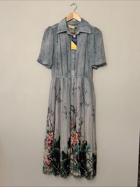 NWT HANAE MORI Shirt Blue Floral Short Sleeve Pleated Midi Dress Sz M